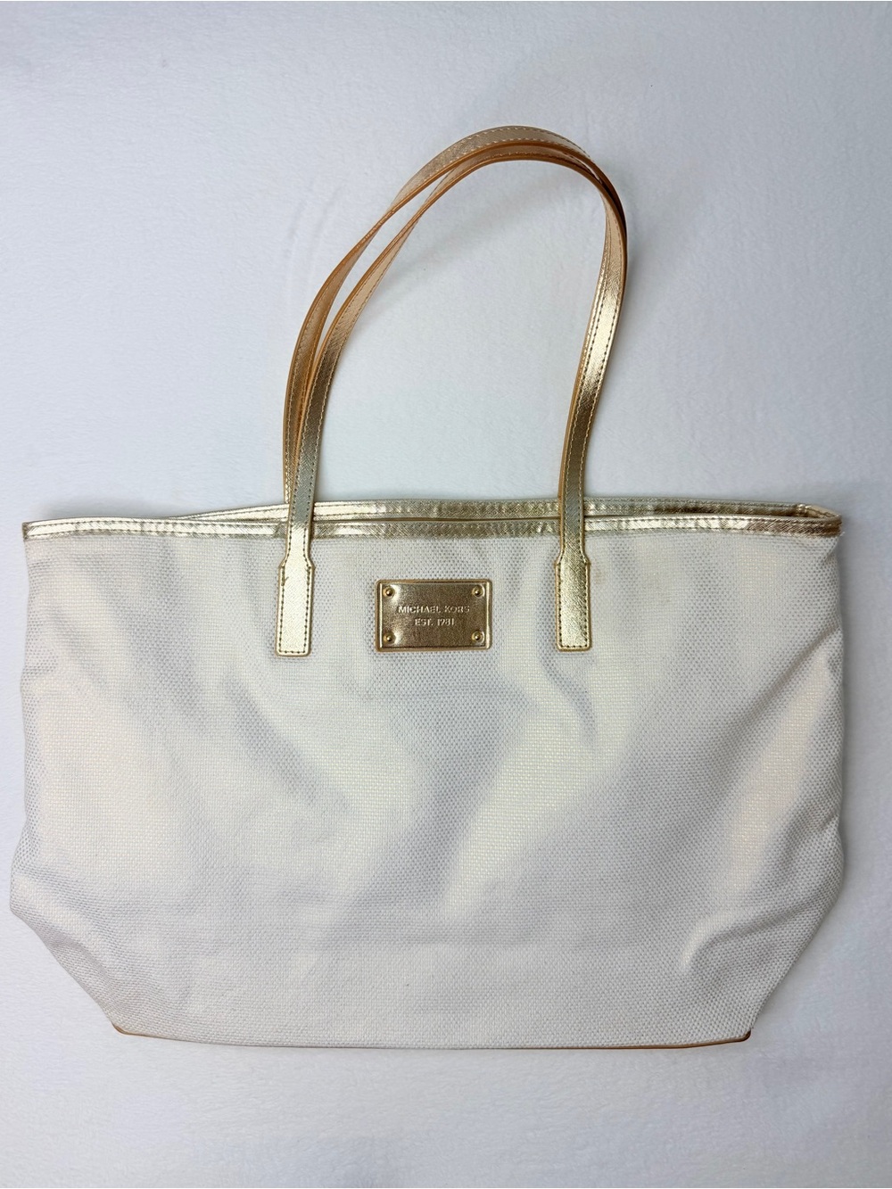 Michael Kors Champagne Woven Tote Bag Metallic Croc Trim Large Shopper